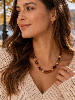 Vintage -Inspired Gold Amber Brown Beaded 12" Statement Necklace